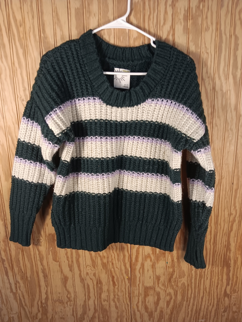Striped Chunky Knit Sweater - Dark Green, Cream & Lavender